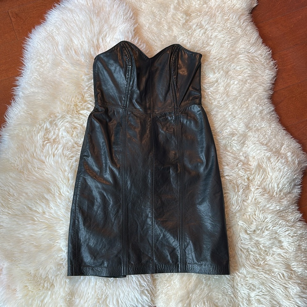 Sexy Vintage Black 100% Genuine Leather Strapless Dress Size Small 70's or 80's